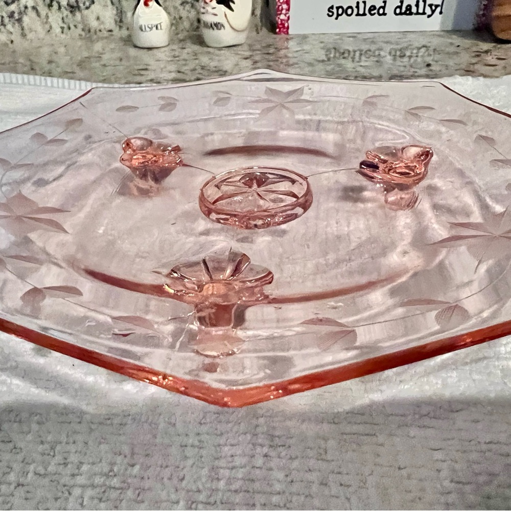Hoffman Vintage Pink Glass candy dish with Floral Accents
